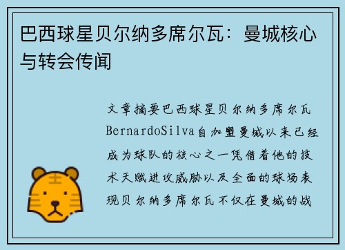 巴西球星贝尔纳多席尔瓦：曼城核心与转会传闻